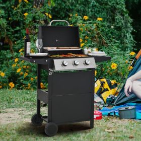 Propane Gas Three-burner Stainless Steel Grill With Double Shelves, Lid, Wheels And Bottle Opener (Color: Black)