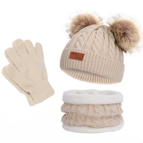 Kids Winter Beanie Hat Scarf Gloves Set Knit Warm (Color: Apricot)