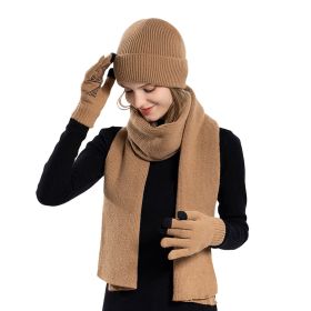 Winter Knitted Hat Scarf Gloves 3Pcs Winter Warm Beanie and Touch Screen Gloves Long Neck Scarf Set Knit Beanie Skull Cap Neck Warmer Anti-Slip M (Color: Khaki)
